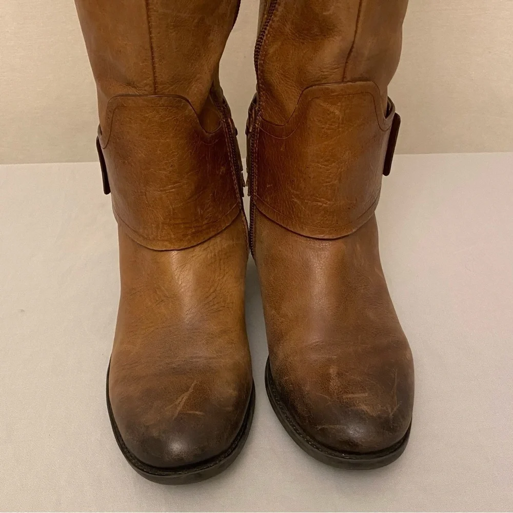 Vince Camuto 6.5 Leather Knee Boots Brown Harness Women’s Zippers Logo